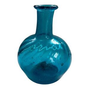 Art Glass Bottle Vase Hand Blown Blue‎ optic Swirl